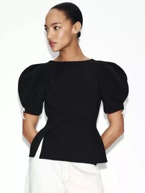NWT Zara Black Pearl Bow Balloon Puff Sleeve Top Blouse Sz Small
